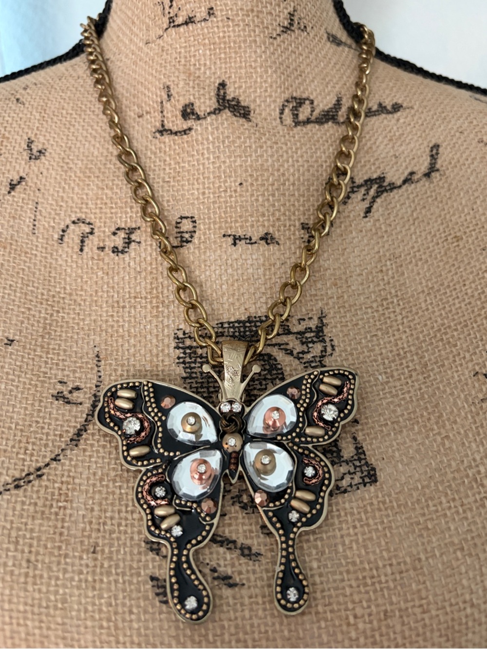 Vintage-Inspired Black and Gold Butterfly Pendant Necklace
